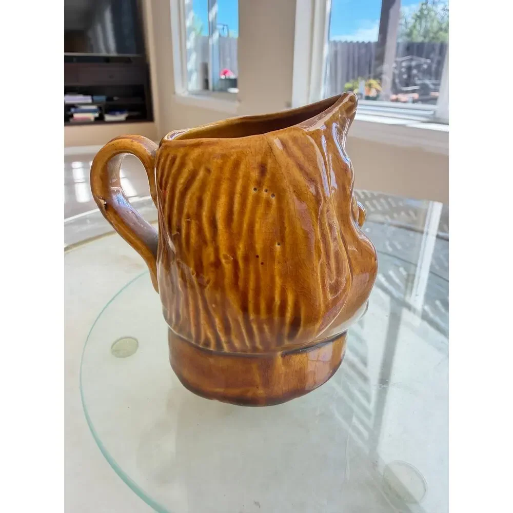 Vintage Small Character Face Mug Brown Glazed Folk Art Pottery Pitcher